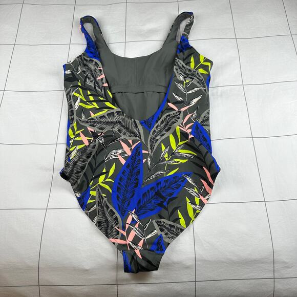 Athleta Swimsuit Women Medium Gray Midnight Palm Scoop One Piece Resort Tropical - Picture 5 of 13